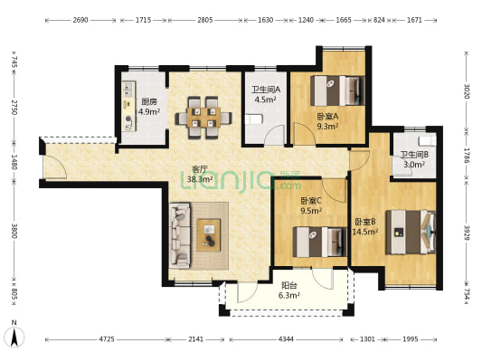 国际丽都 3室1厅2卫 116平方