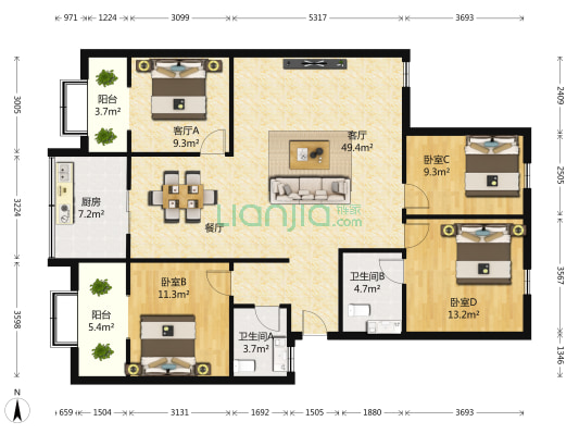 金宅小区 3室2厅2卫 134平方