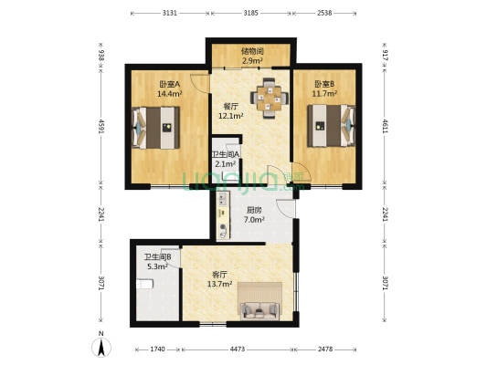 工人路184号院 2室2厅2卫 57平方