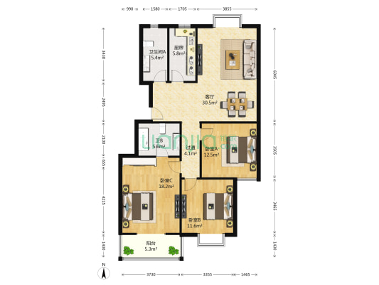 荣德棕榈湾 3室1厅2卫 126平方
