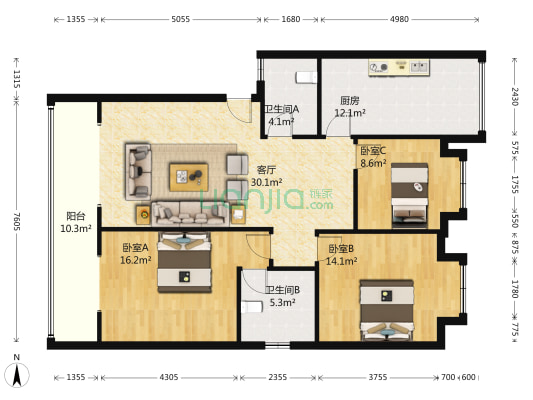 长寿花苑 3室1厅2卫 109平方