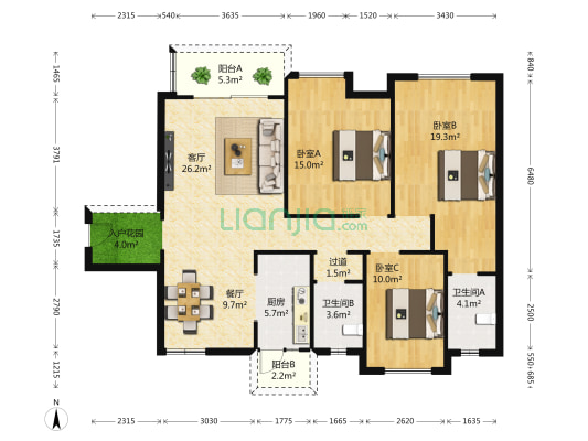 美的林城时代北区 3室2厅2卫 124平方