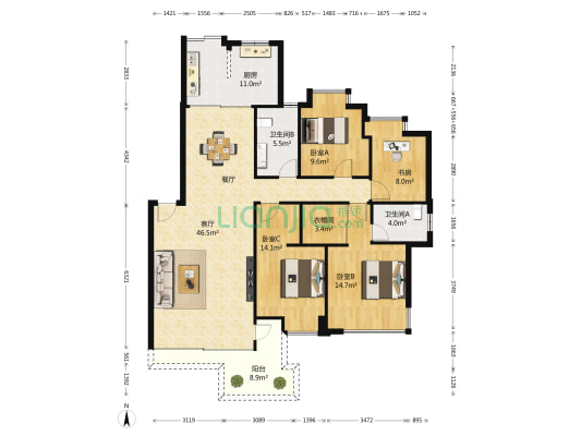 新地东方花都B区 4室1厅2卫 139平方