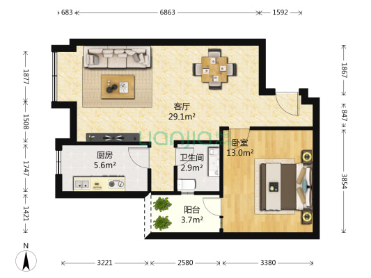 东苑锦江派 1室1厅1卫 63平方