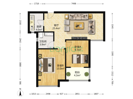 正商城和园1号院 2室1厅1卫 89平方