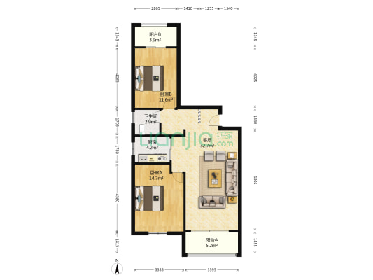 国立上品 2室1厅1卫 98平方