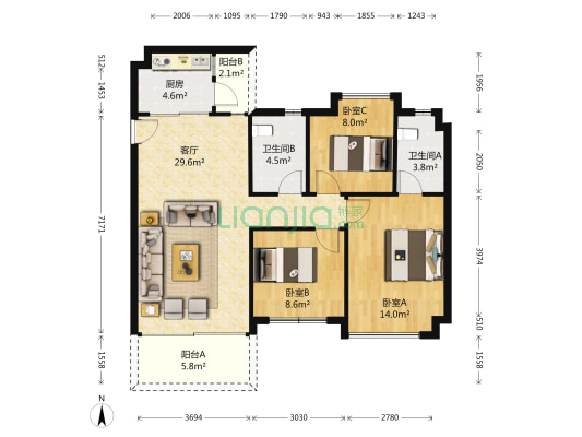 恒展江山时代花园 3室1厅2卫 106平方