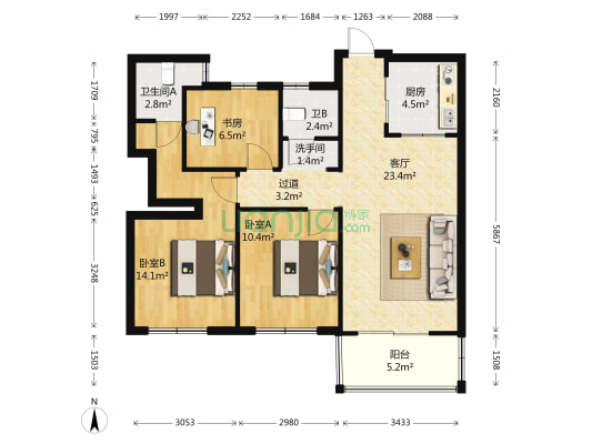 中梁香缇国际 3室1厅3卫 88平方