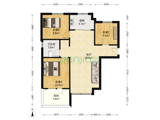 万科金域华府 3室1厅1卫 89平方