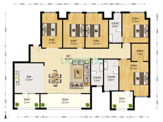 龙湖两江新宸云顶 5室1厅3卫 190平方