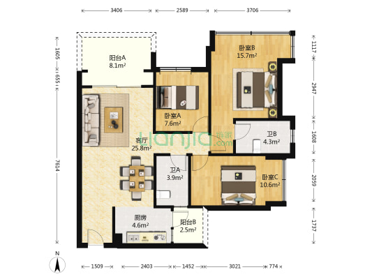 恒福新里程 3室1厅2卫 89平方