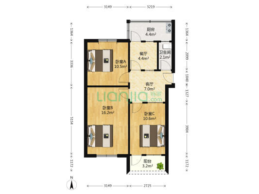 济南市中心医院宿舍 3室2厅1卫 72平方