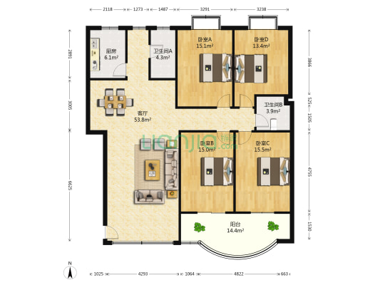 三辉家园 4室1厅2卫 164平方