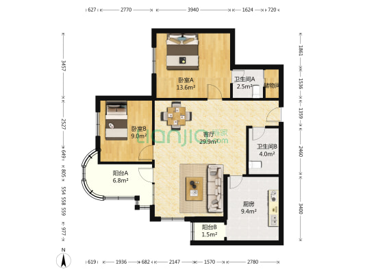 亚运花园 2室1厅2卫 113平方