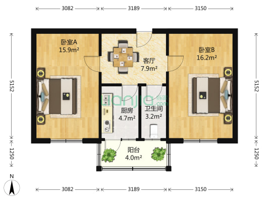 团校宿舍 2室1厅1卫 63平方
