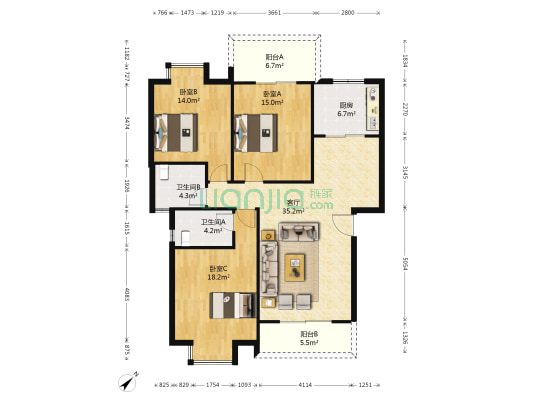 兴堰丽景A区 3室1厅2卫 122平方