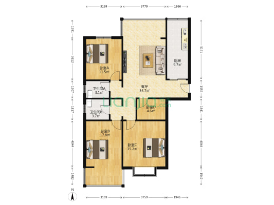 中鹏玥园 4室1厅2卫 139平方