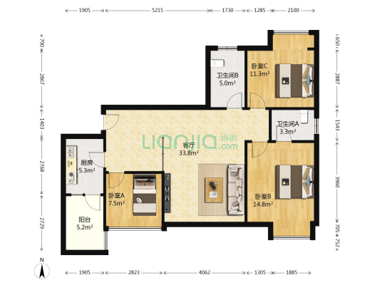 龙腾嘉园 3室1厅2卫 100平方