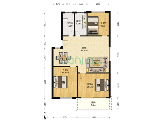 福龙公寓内院 3室1厅1卫 127平方