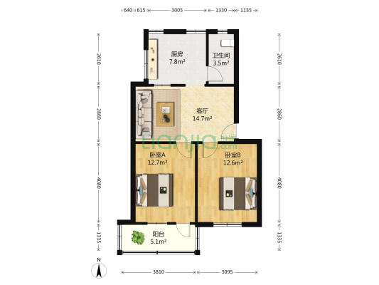 园山雅阁 2室1厅1卫 69平方