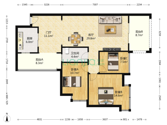 果壳里的城 3室1厅1卫 89平方