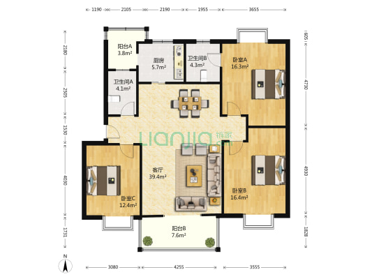 弘民苑C区 3室1厅2卫 128平方