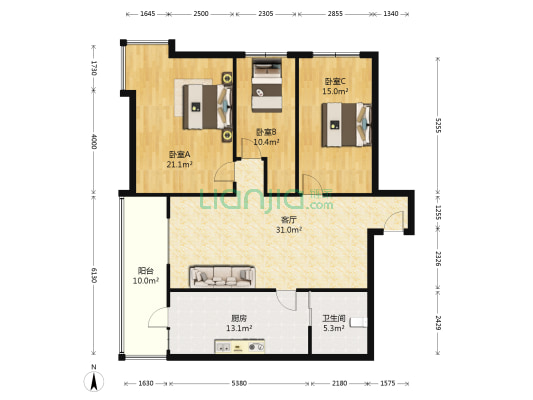 中山花园 3室1厅1卫 129平方