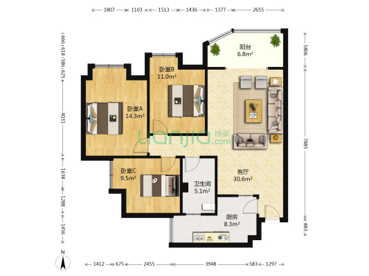 鸿运星城 3室1厅1卫 97平方