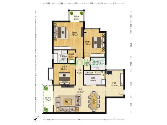 锦都馨苑 3室1厅2卫 136平方