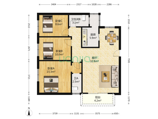 华深公寓 3室1厅2卫 97平方