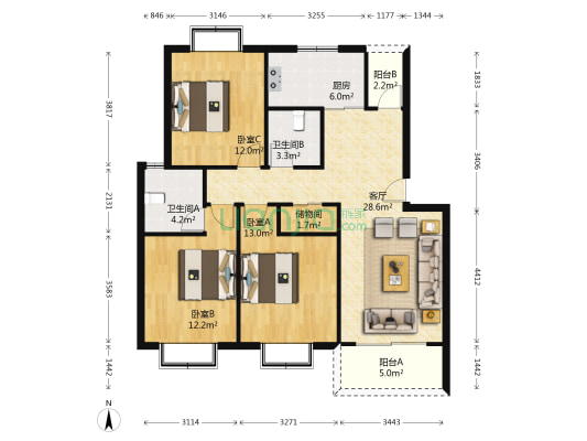 巷华华苑 3室1厅2卫 105平方