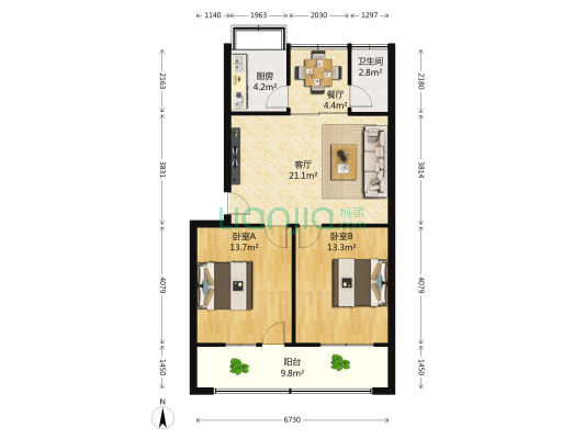 湖北空压机场生活区 2室2厅1卫 87平方