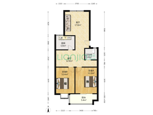 和风细宇 2室2厅1卫 87平方
