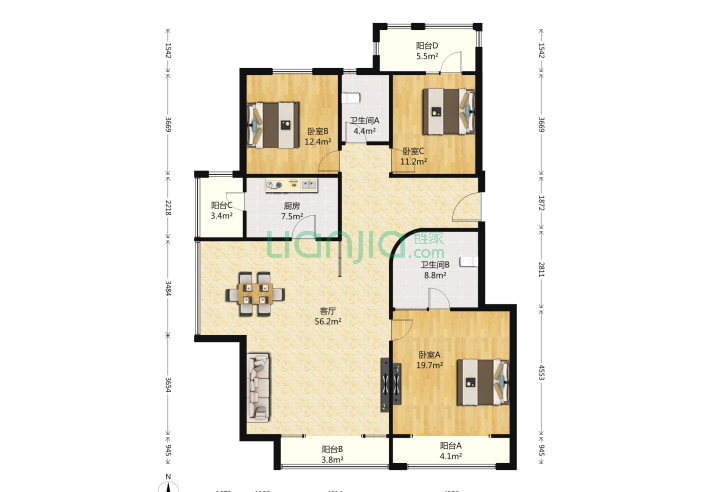 3室1厅2卫186㎡-北京朱雀门户型图