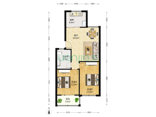 华丽美地 2室1厅1卫 84平方