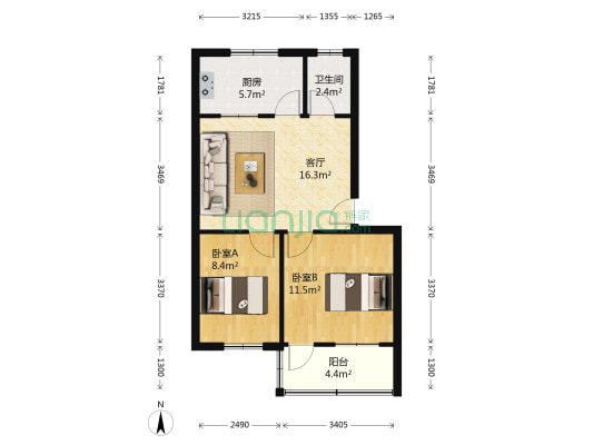 山大北路34号 2室1厅1卫 65平方