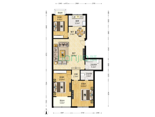 豪邦花园 3室2厅2卫 119平方