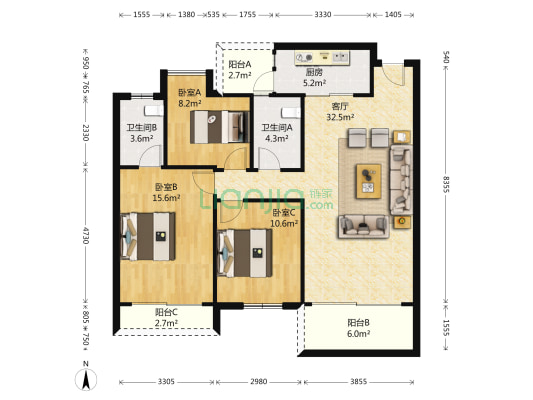 蜜糖苑 3室1厅2卫 104平方