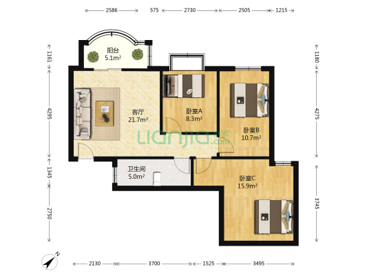 江景花园 3室1厅1卫 83平方