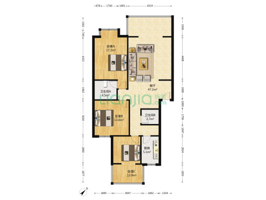 明珠园三期 3室1厅2卫 114平方
