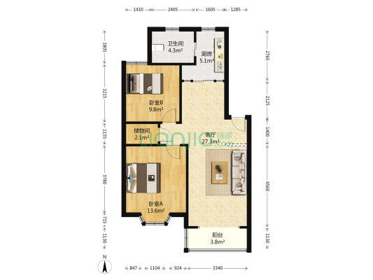 新江湾时代花园 2室1厅1卫 85平方