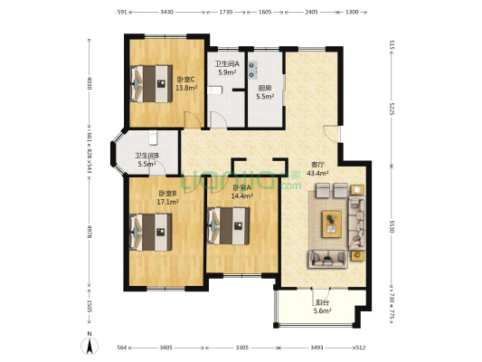 星海中龙园 3室1厅2卫 133平方