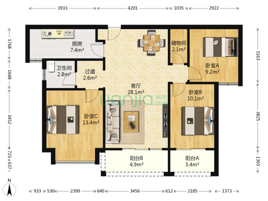 东润玺城 3室1厅1卫 113平方