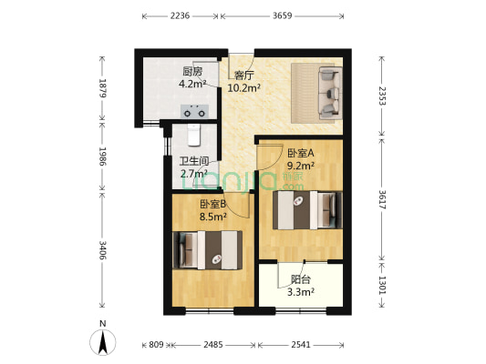 君御世家 2室1厅1卫 59平方