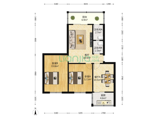 高知楼 2室2厅2卫 80平方
