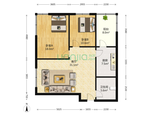 江北运华广场 2室1厅1卫 98平方