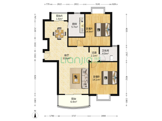 南方格林蓝天 2室1厅1卫 107平方