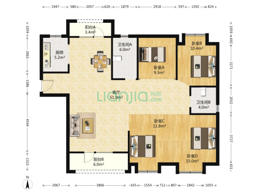 金桥庭院 4室1厅2卫 161平方