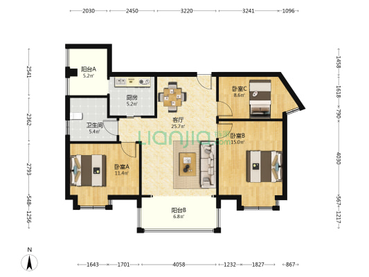 江安河新居 3室1厅1卫 90平方