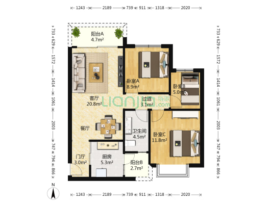 恒大美丽沙天澜湾 3室1厅1卫 90平方